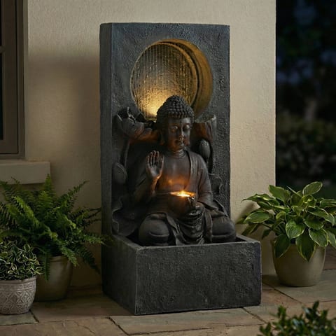 Enjoy 28" H Resin Buddha Waterfall Fountain Freestanding LED Outdoor Garden