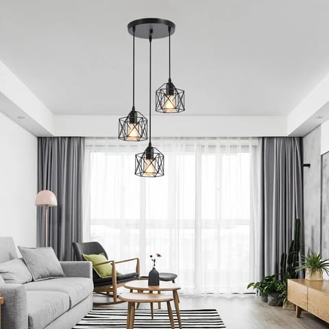 Modern Farmhouse Chandelier 3-Light Geometric Wire Cage Pendant Lighting