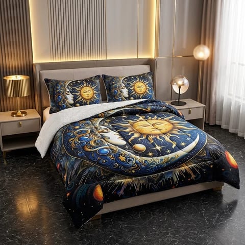 Celestial Sun Moon Star Print Double Sided Milk Velvet Sherpa Comforter Set