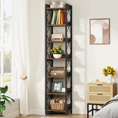 78.7" Tall Corner Bookcase, 7-Tier Slim Wood Display Shelf, Metal Frame