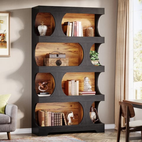 Tribesigns 71" Black Asymmetrical Bookcase, 4-Tier Freestanding Modern Display