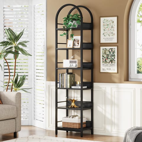 78.7" 6-Tier Arched Bookcase Set of 2, Narrow Black Wood Metal Display Shelf