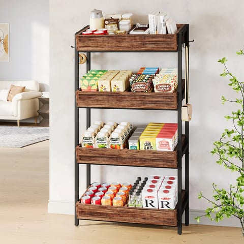 Tribesigns 4-Tier Snack Display Rack with 4 Hooks, Freestanding Retail Shelves