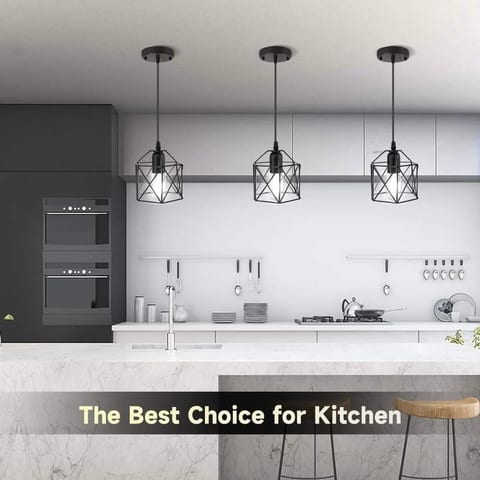 2PCS Minimalist Cage Pendant Lamp Black Metal Chandelier Adjustable Hanging