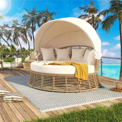 M Patio Circular Wicker Daybed with Canopy Outdoor Rattan Round Sun Lounge Bed