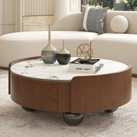 35.43" Round Modern Coffee Table with Marble Top and Storage Drawers Solid Wood