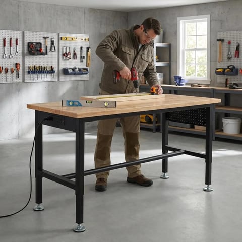 BBRUN 48-Inch Adjustable Workbench Garage-Height Adjustable 29.5-38.6" Pegboard