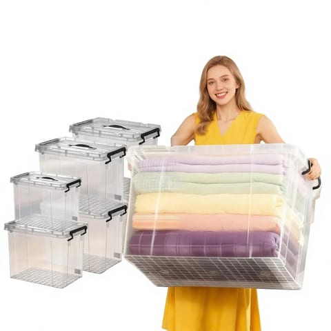 Bebikim Clear Plastic Rectangular Storage Bins Lids 6 Pack   4 60 & 1 28 Qt