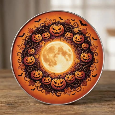 Halloween Pumpkin Wreath Art Deco Hanging Wall Decor 20cm Round Iron Sign with
