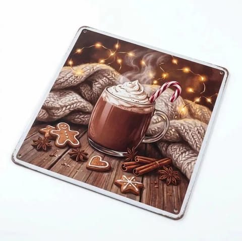 Hot Cocoa Christmas Square Metal Sign, 20x20cm Cozy Hygge Tin Wall Art