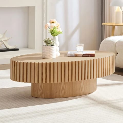 Modern Oval Drum Coffee Table 43.7 Inch Natural Ash Handcrafted Pedestal Center