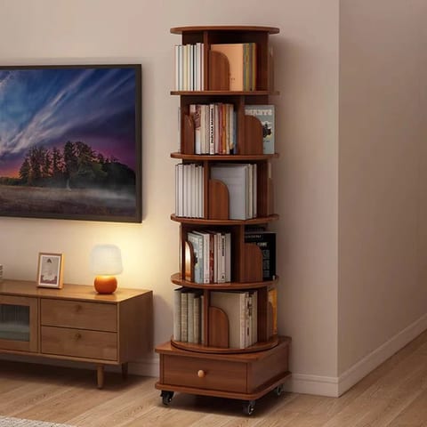 Rotating 360 Display Corner Bookshelf 6-Tier Storage Rack Wheels Modern