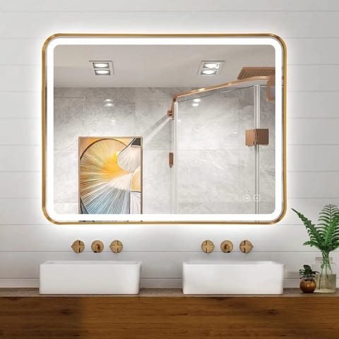 USA RTS Framed Brushed Gold Black Rectangle Smart Bath LED Mirror