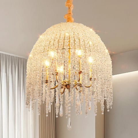 6-Light Crystal Chandelier Adjustable Height Pendant Light with Bead Strings