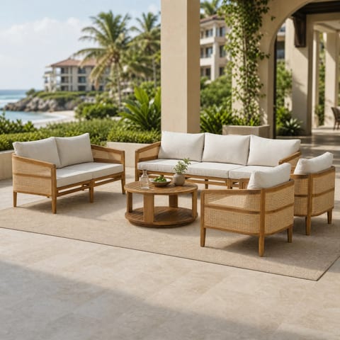 5-Piece Wood PE Rattan Outdoor Sofa Set with Loveseat 2 Armchairs and Coffee