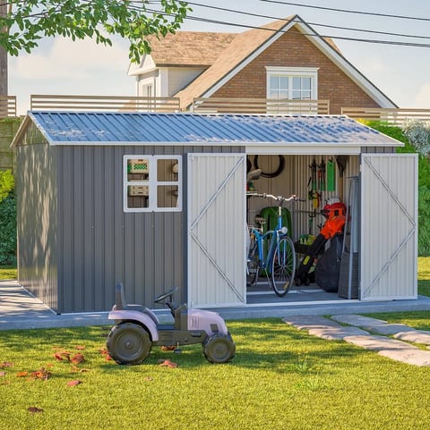 12x10 FT Outdoor Storage Shed Metal, Large Garden Tool Sheds Outdoor with
