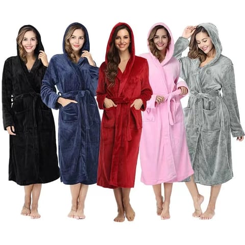 Plush Oversize Winter Soft Warm Long Flannel Bathrobe with Hooded Women Thick