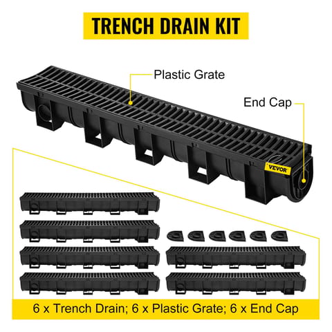 VEVOR Trench Drain System, Channel Drain With Plastic Grate, 5.9x5.1-Inch HDPE