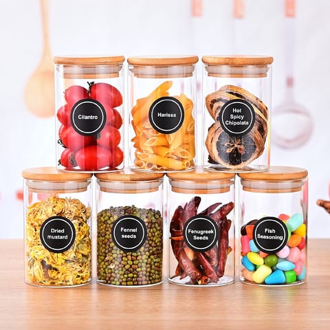 12 Pcs Round Spice Jars With Bamboo Lids And Stickers, Glass Storage Jars