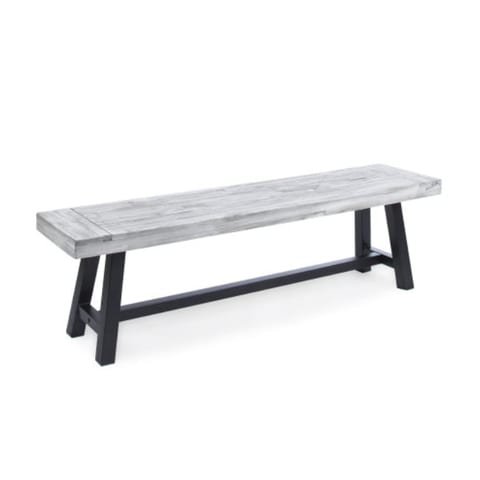 Light Grey Sandblast Finish Acacia Wood Dining Bench With Black Rustic Metal