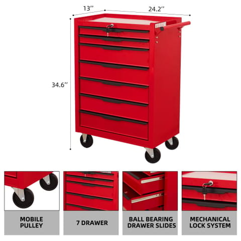 7-Drawer Rolling Tool Chest Cabinet, Large Capacity Metal Tool Box With Wheels