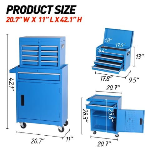 Tool Chest, 5-Drawer Rolling Tool Storage Cabinet With Detachable Top Tool Box
