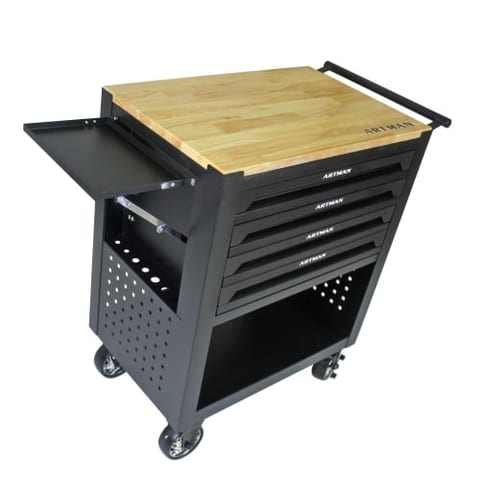 4 Drawers Multifunctional Tool Cart With Wheels And Wooden Top-Black