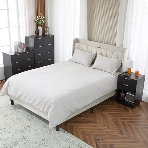 Black P2 Density Board, Wave Pattern Drawer Surface, 2 Drawer Bedside Cabinet