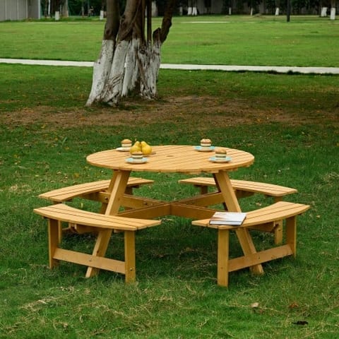Outdoor 8 Person Picnic Table, 8 Person Round Picnic Table With 4 Built-in