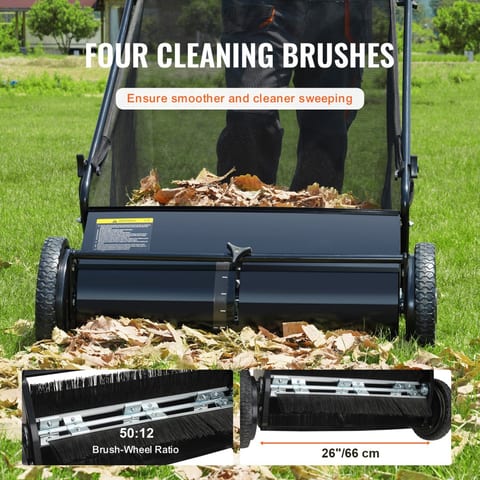VEVOR Push Lawn Sweeper, 26 Inch Leaf & Grass Collector, Strong Rubber Wheels &
