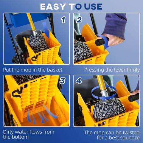 HOMECOM 6.9 Gallon Mop Bucket Swivel Arm Cart With Easy-to-use Side Pressure