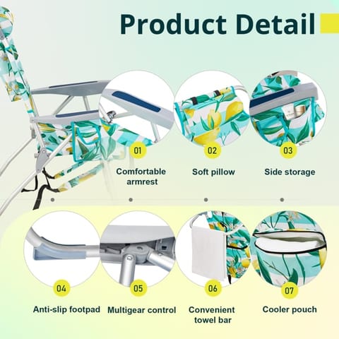 63x70x99cm, Lemon Pattern, Aluminum, Beach Chair, Oxford Cloth, Silvery-white