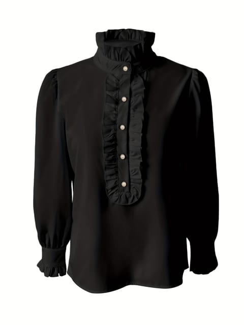 Fashionable Stand-up Collar Long-sleeved Shirt With Lotus Leaf Hem