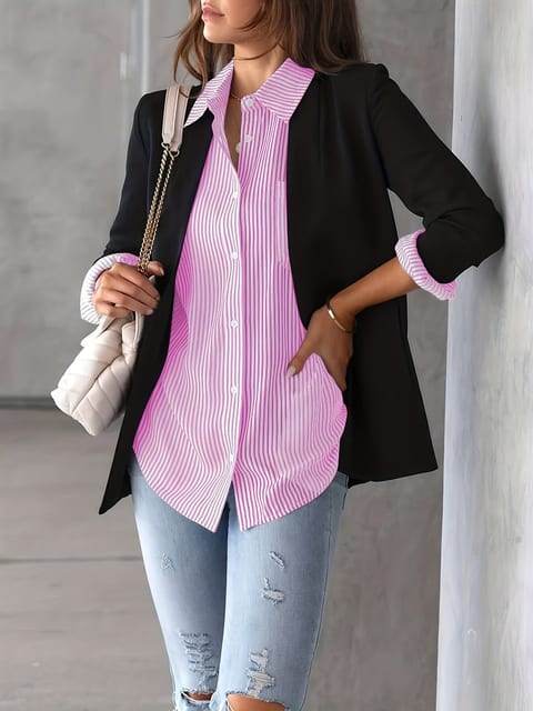 Ladies' Shirt, Classic Striped Print Casual Collar Long Sleeve With Pockets