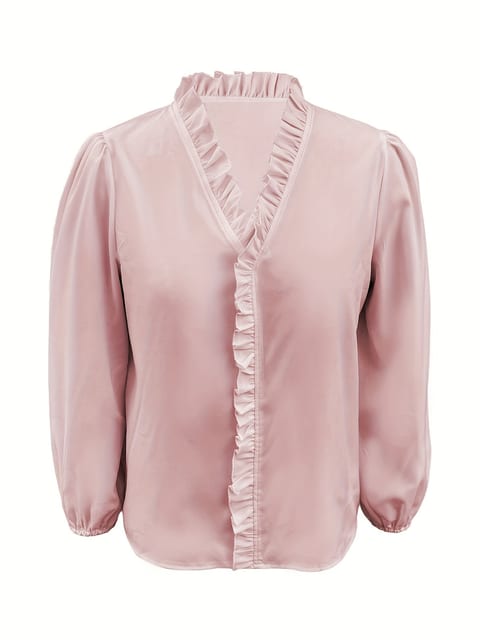 Pure Color Ruffle Hemline Shirt, Casual V-neck Long Sleeve Shirt.