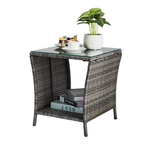 Glass Surface Gray Gradient Double-layer Woven Rattan Edge Table