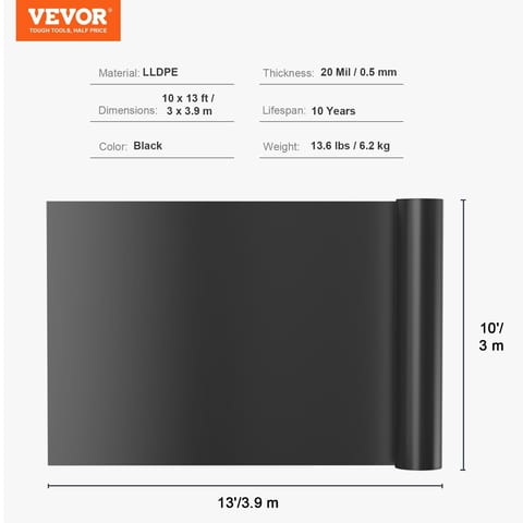 VEVOR Pond Liner, 10 X 13 Ft 20 Mil Thickness, Pliable LLDPE Material Pond