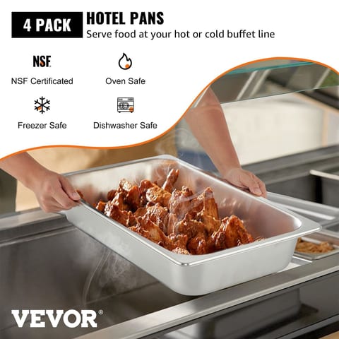 VEVOR 4 Pack Steam Table Pans 20.9 X 12.8 X 3.9 Inch Deep Steam Table Pan Full