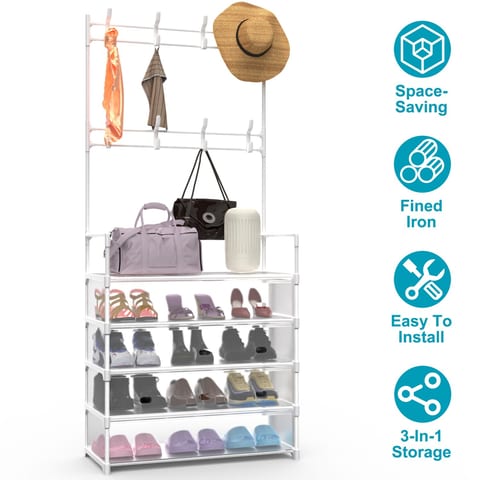 5 Tier Shoe Rack With Coat Rack For Front Door Bedroom Entrance - White
