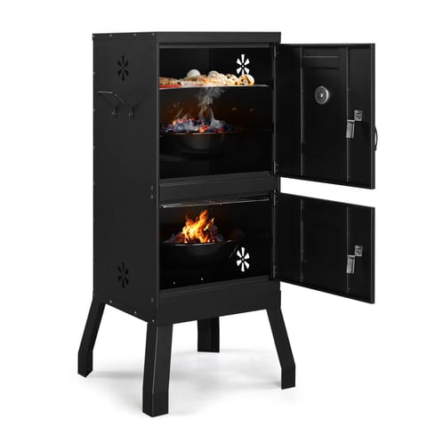 Black Double Door Smoked Vertical Iron Carbon Oven With Upper And Lower Doors