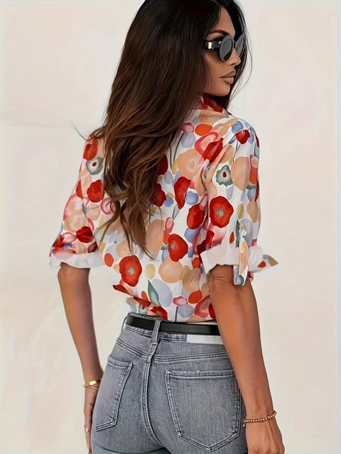 Plus Size Floral Print Button Front Shirt, Casual Long Sleeve Shirt For Spring