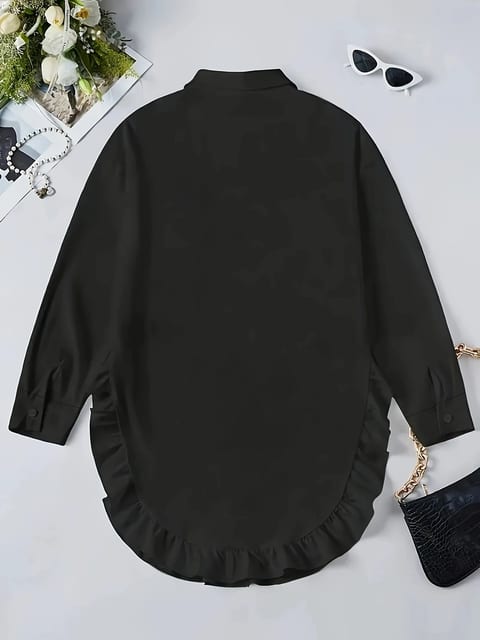 Women's Plus Size Casual Shirt With Ruffle Hem, Solid Color, Woven Polyester