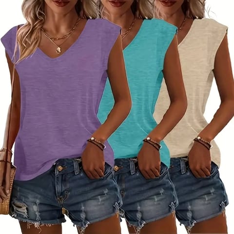 3-Pack Women's Cap Sleeve V-Neck Tank Tops Casual Loose Fit Basic Tees