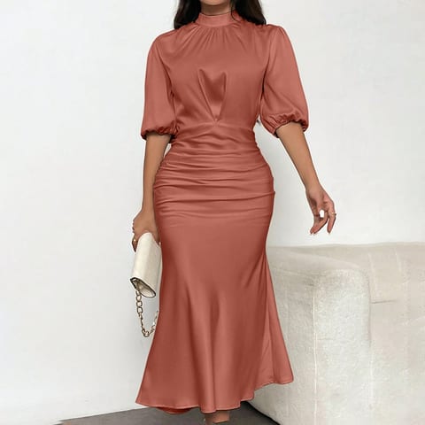 Women's Short Sleeve Mock Neck Ruched Midi Dress Slim Fit Elegant Party Dress