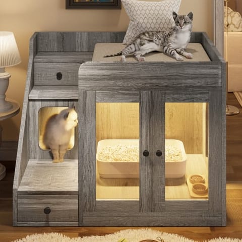 GO Cat Litter Box Enclosure With Light , Hidden Litter Box Furniture With 2