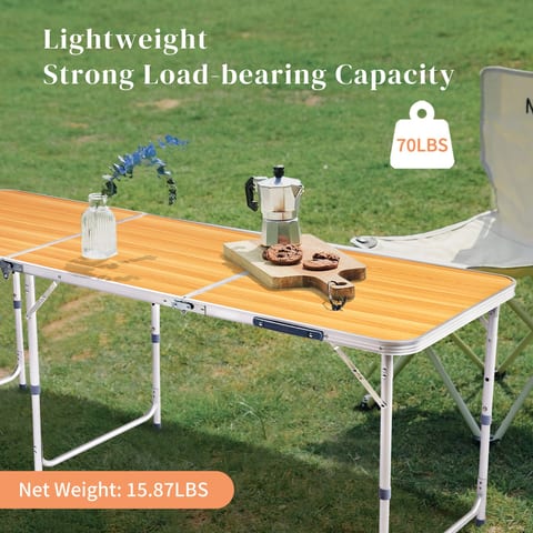 6ft Wood Grain Outdoor Folding Table Aluminum Alloy Rectangular 50kg Tri-fold