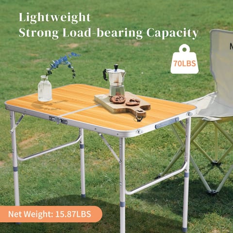 3ft Wood Grain Outdoor Folding Table Aluminum Alloy Rectangular 50kg Two Fold