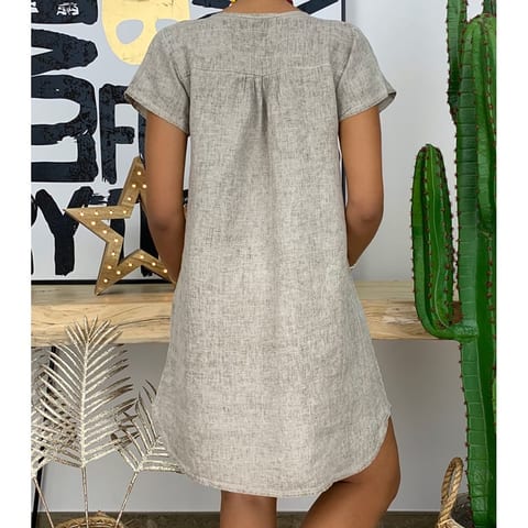 Womens Summer Casual Solid Color V Neck Short Sleeve Dresses Boho Beach