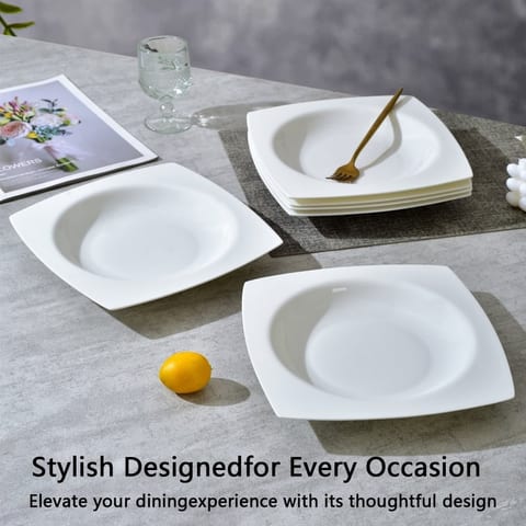 6-piece Set Of White Bone China 9.5-inch Square Soup Plate