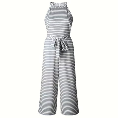 Womens Casual Striped Jumpsuits Summer Cap Sleeve Wide Leg Jumper Romper Button